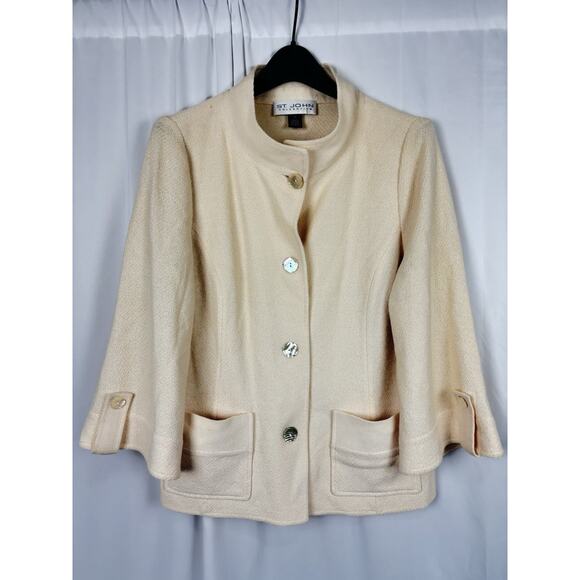 St John Collection Cream Ivory Button Up Wool Blend Bracelet Sleeve Jacket 14 - Picture 1 of 13
